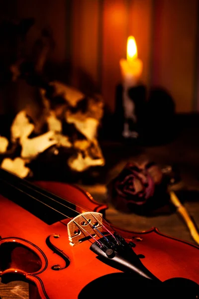 在黑暗的房间里 小提琴和秋天的叶子在桌上点着蜡烛 小提琴的特写把注意力放在绳子上 — 图库照片