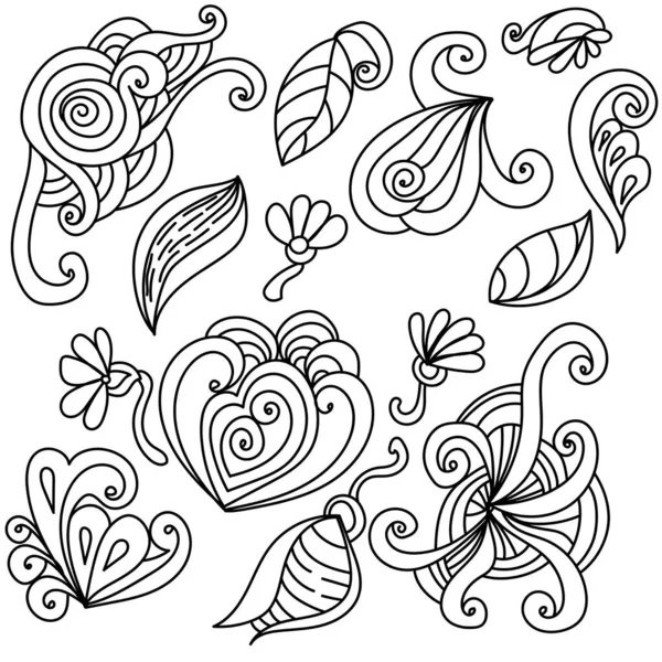 Ilustración Vectorial Doodle Flores Hojas Elementos Espirales Para Diseño Creatividad — Vector de stock
