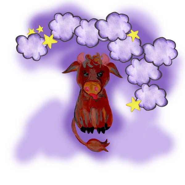 Символ Малювання Бика Року Мила Коричнева Тварина Фіолетовими Хмарами Зірками — стокове фото