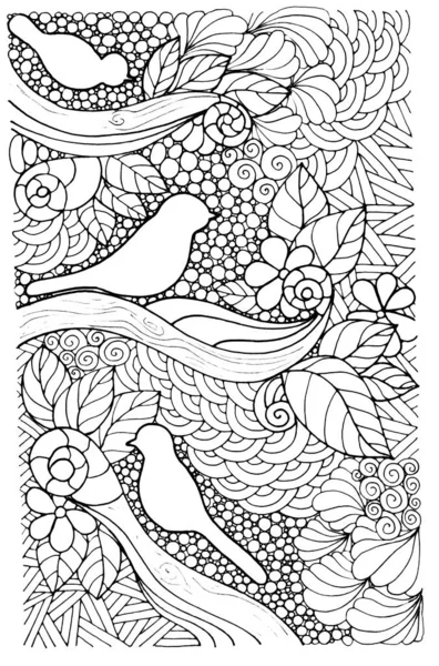 油墨插图着色页 在有奇幻图案的枝条上的鸟类轮廓 明信片图案 三只鸟 — 图库照片