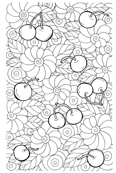 Page coloring cherries, leaves and fantasy flowers, ink contour drawing