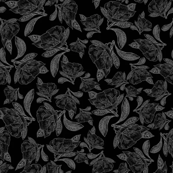 Magnolienblüte Nahtloses Muster Weiße Skizze Auf Schwarzem Hintergrund Blumen Design — Stockfoto