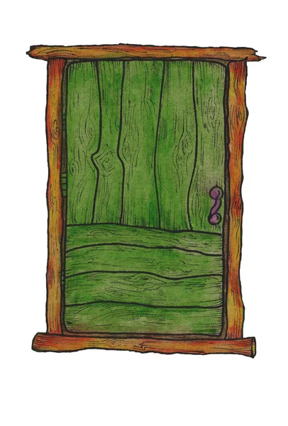 水彩画緑の木の扉木の板で作られた質感のあるドア — ストック写真
