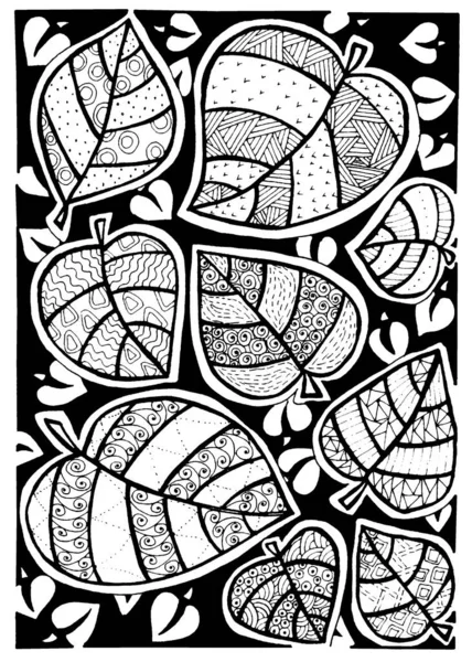 Coloriage Antistrass Feuilles Avec Motifs Fantaisie Gribouillis Tomber Illustration Encre — Photo