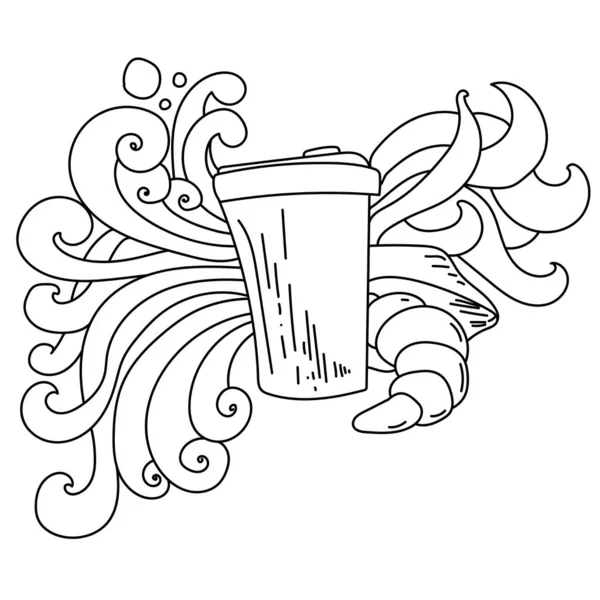 Kaffee Und Croissant Vektor Outline Illustration Malvorlagen Mit Wellen Und — Stockvektor