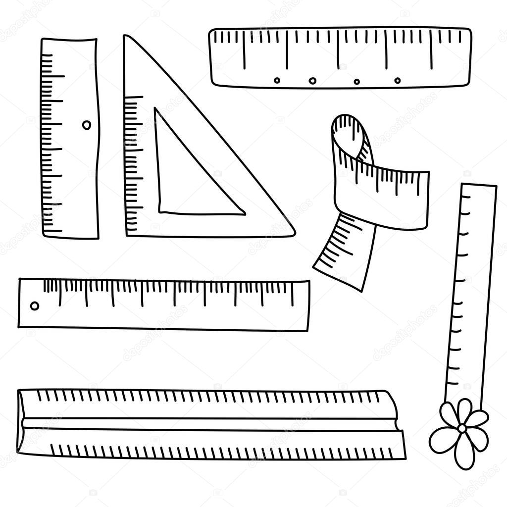 Set of cute doodle rulers, outline vector illustration for design and creativity