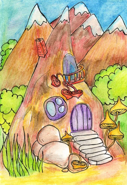 stock image Mountain fantasy house illustration, watercolor hand draw art for design and creativity 