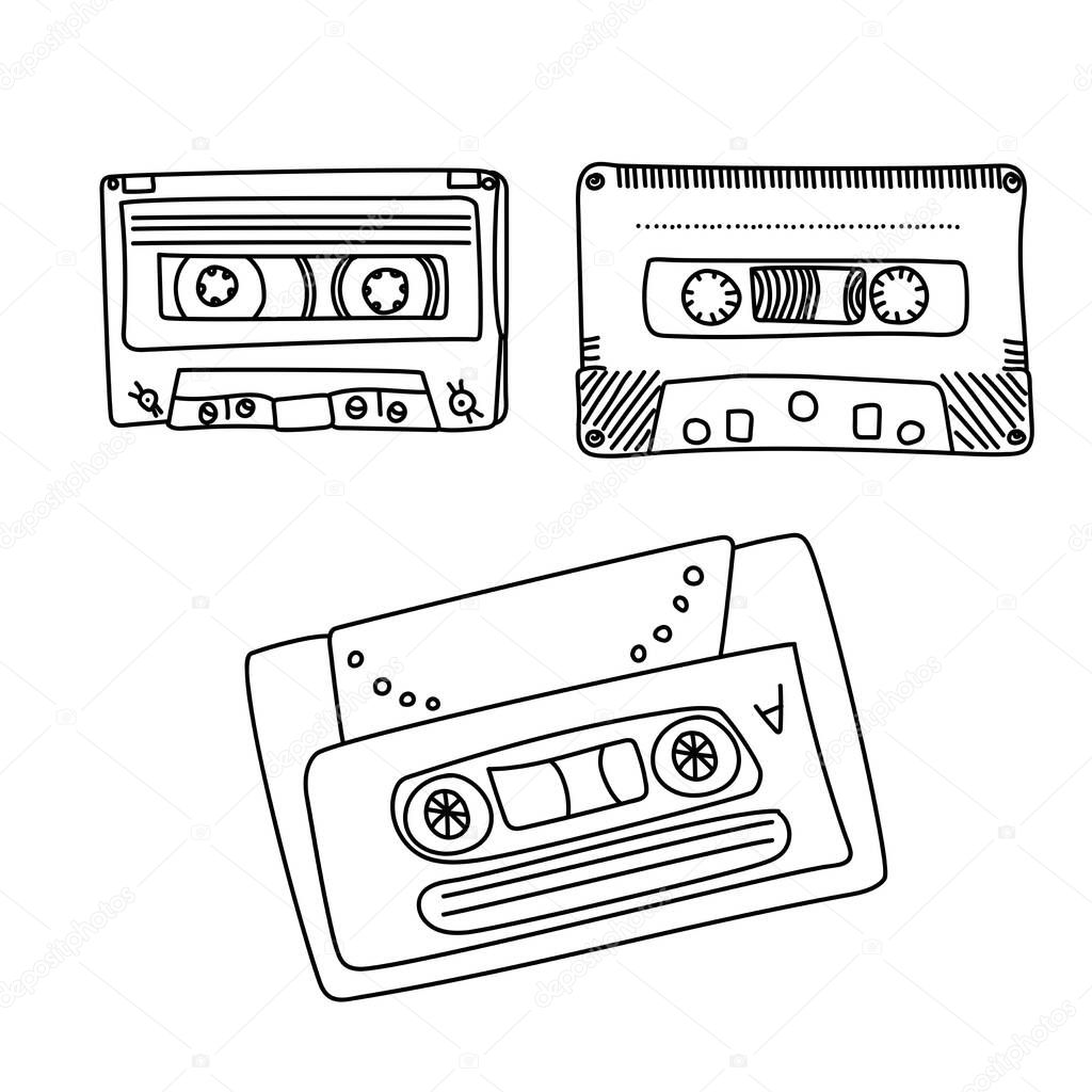 Set of cassette tape outline, elements for cassette recorder, hand draw illusration for design and creativity