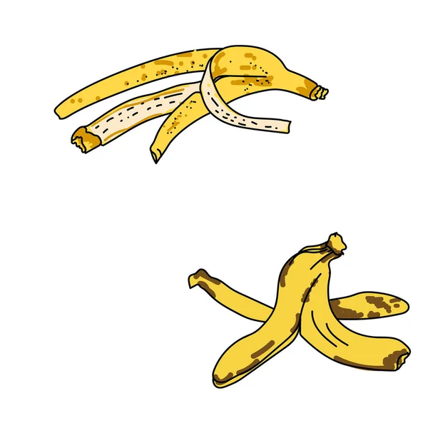 Sada Dvou Roztomilých Banánových Slupek Ilustrace Ručně Kresleného Vektra Žluté — Stockový vektor