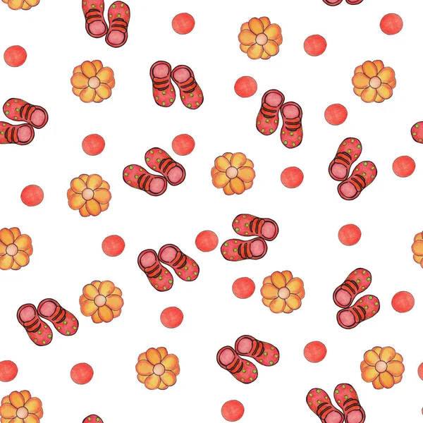 Χωρίς Ραφή Υδατογραφία Μοτίβο Από Κόκκινες Παντόφλες Λουλούδια Και Κύκλους — Φωτογραφία Αρχείου