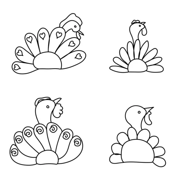 Набор Набросков Векторной Иллюстрации Благодарственная Индейка Ручной Рисунок Раскраски Птиц — стоковый вектор