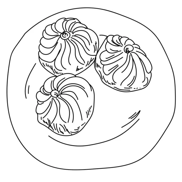 Dumplings Una Placa Conjunto Tres Khinkali Contorno Dibujo Mano Ilustración — Archivo Imágenes Vectoriales