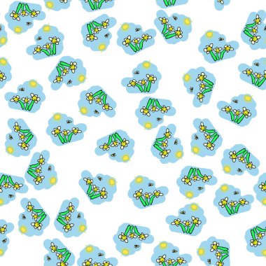 Kusursuz desen, üç çiçek, arı ve güneş, sevimli çocuklar kumaş, kağıt ve karton yapmak için dizayn edilmiş.