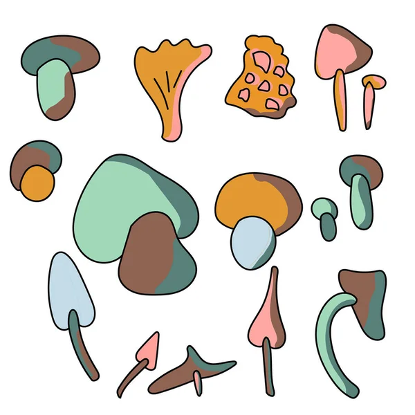 Set Simpatici Funghi Scarabocchi Colorati Ilustrazione Vettoriale Mano Oggetti Autunnali — Vettoriale Stock