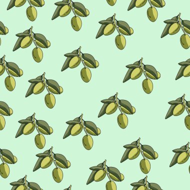 Yapraksız zeytin desenleri, vektör el çizimi illüstrasyonu, açık yeşil arka planda yeşil sebze dalı tasarım ve yaratıcılık için.