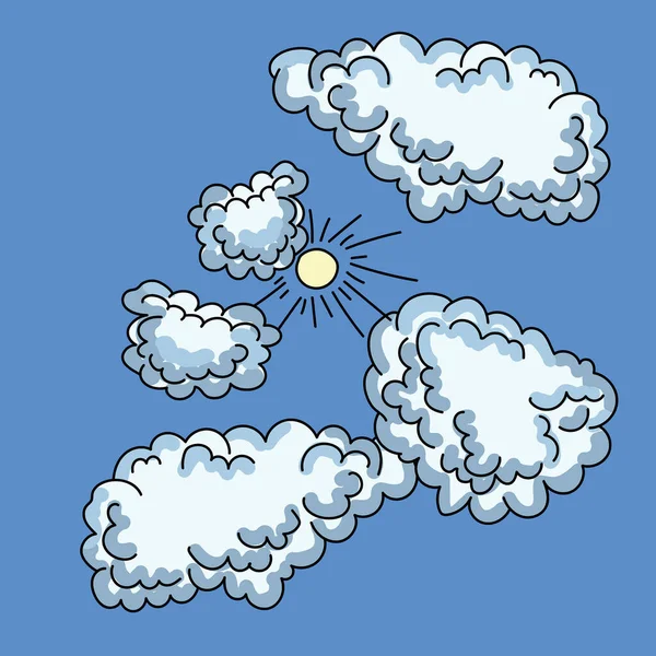 Nuages Pelucheux Couleur Bleu Doux Soleil Avec Des Rayons Dessin — Image vectorielle
