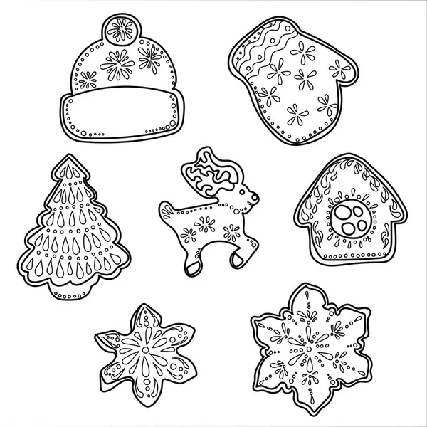 Esquema Pan Jengibre Forma Sombrero Árbol Navidad Ciervo Mitones Copos — Archivo Imágenes Vectoriales