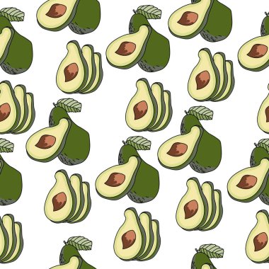 Beyaz zemin üzerinde tam ve dilimlenmiş avokado, tasarım ve yaratıcılık için vektörsüz desen