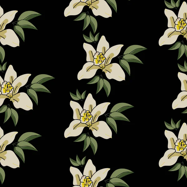 Jolie Fleur Vanille Avec Ensemble Feuilles Vertes Sur Fond Noir — Image vectorielle
