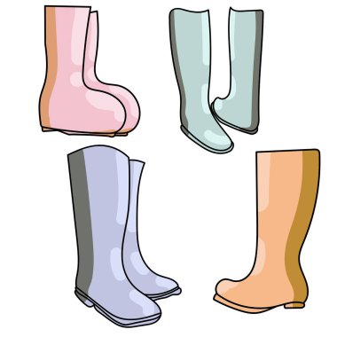 Lastik çizmeler, renkli vektör çizimleri, yağmurlu hava için rahat ayakkabılar, tasarım ve yaratıcılık için el çizimi çizimleri çizimleri