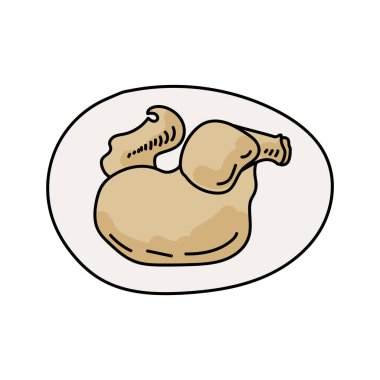 Tabakta kızarmış tavuk, sıcak et tabağı, menü, kartpostal, vektör el çizimi tasarım ve yaratıcılık için illüstrasyon