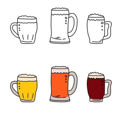 Bira bardakları renkli ve ana hatlı, bardaktaki parlak köpüklü içecek, tasarım ve yaratıcılık için vektör el çizimi