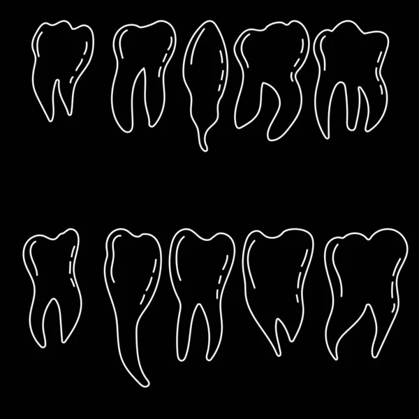 Conjunto Dientes Humanos Dibujo Contorno Blanco Sobre Fondo Negro Garabatos — Vector de stock