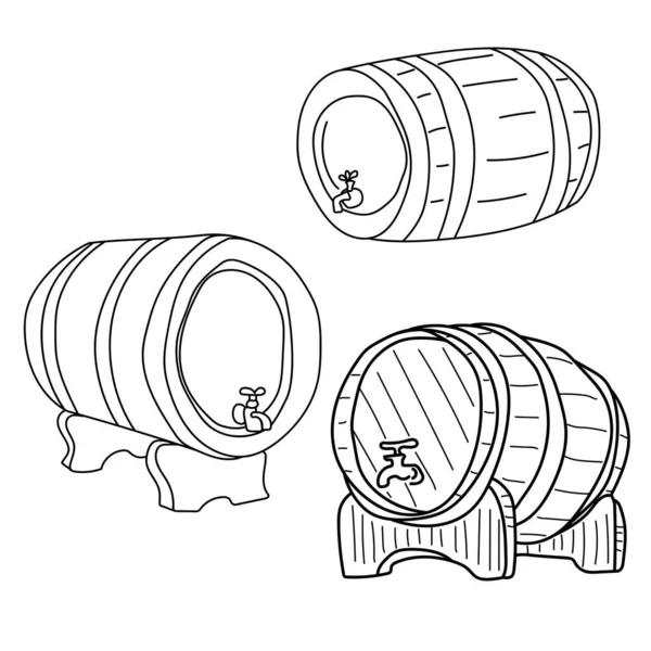 ビール樽 タップ付きアルコール飲料用木製樽 熟成ワイン用容器 デザインと創造性のためのアウトラインベクトルイラスト — ストックベクタ