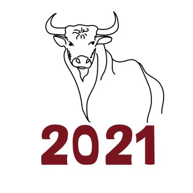 Siyahlı bir boğanın ana hatları ve Doğu takvimine göre yılın sembolü 2021 yazısıyla yeni yıl için festival posteri, tasarım ve yaratıcılık için vektör el çizimi
