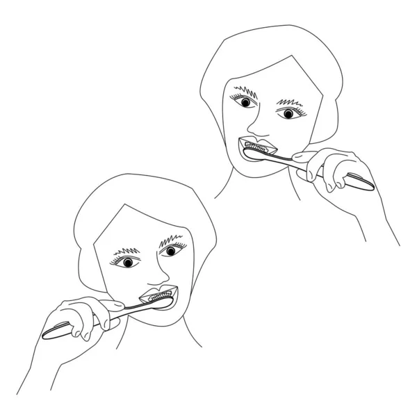 Mujer Cepillarse Los Dientes Conjunto Dos Imágenes Sosteniendo Cepillo Dientes — Vector de stock