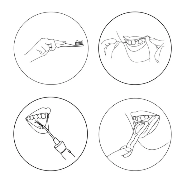 歯を磨く 歯を磨く 舌を磨く デンタルフロスと灌漑器を使う 家の口腔ケア手順のインフォグラフィックデザインのためのベクトルアウトラインイラスト — ストックベクタ