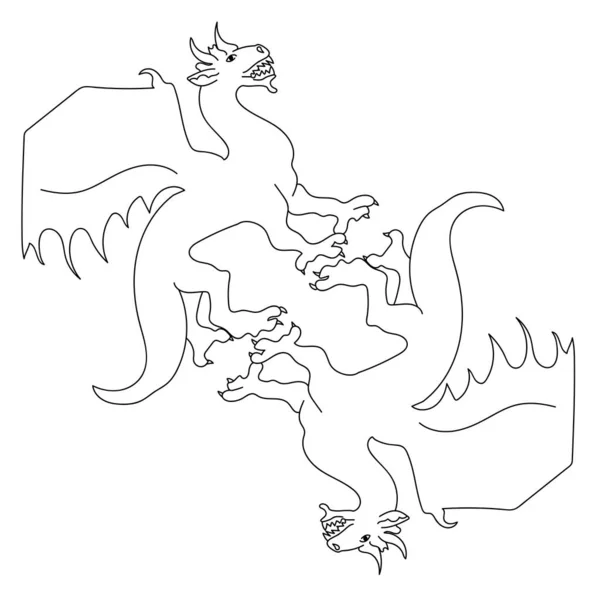 Контурний Малюнок Двох Драконів Дзеркальному Відображенні Фантастична Сторінка Розмальовки Персонажів — стоковий вектор