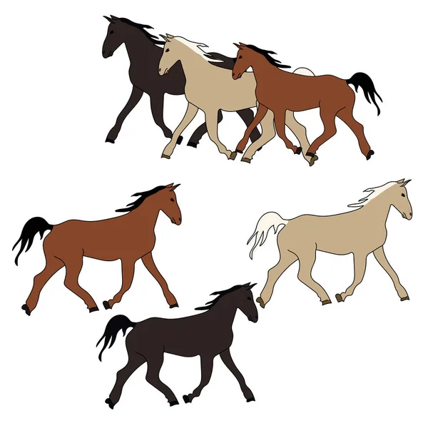 左右別々に走る様々な色の馬のセット 濃い色と薄い色の馬 デザインと創造性のための強い動物のベクトルイラスト — ストックベクタ