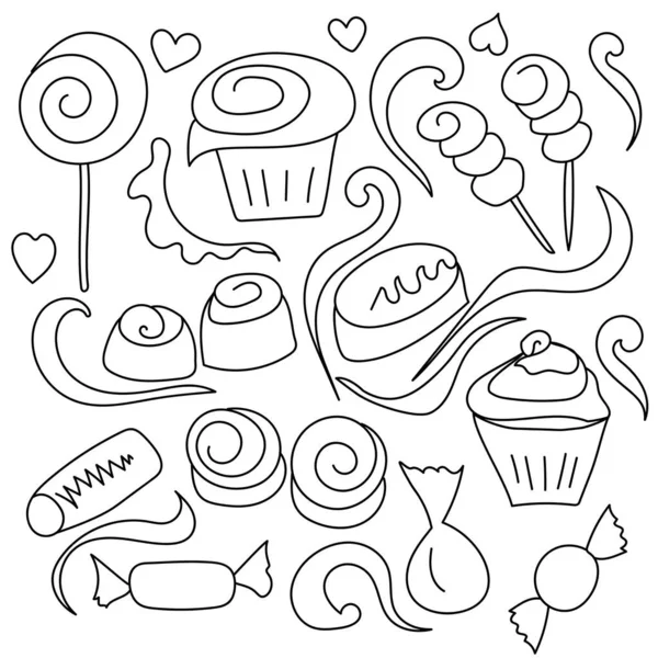 Doodles Sobre Doces Doces Marshmallows Cupcakes Elementos Decorativos Forma Corações —  Vetores de Stock