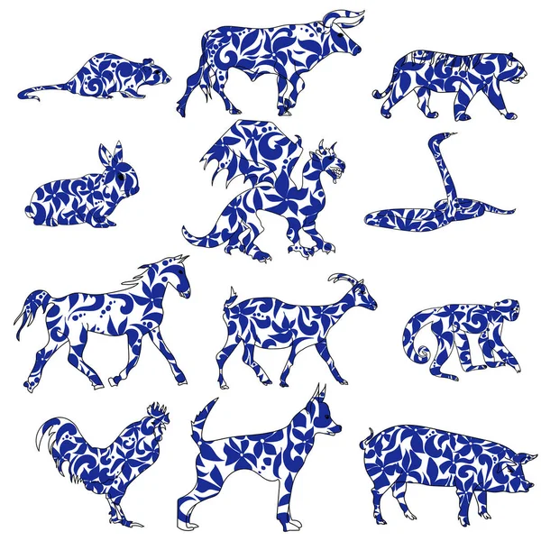 Набор Двенадцати Символов Животных Восточный Гороскоп Картинках Рисунок Контура Животного — стоковый вектор