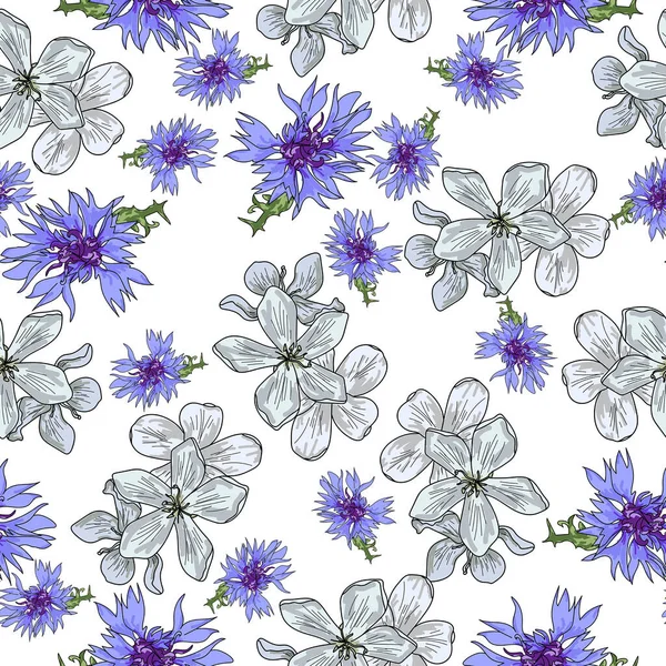 两种蓝色花的无缝图案 白色背景下的块茎和玉米花开花植物 用于设计和创意的矢量插图 — 图库矢量图片