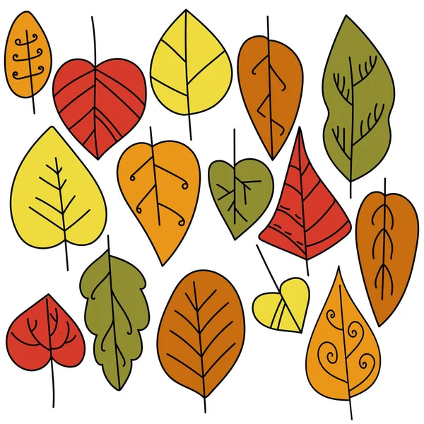 Conjunto Folhas Multicoloridas Tons Outono Com Contorno Preto Padrões Ornamentados — Vetor de Stock
