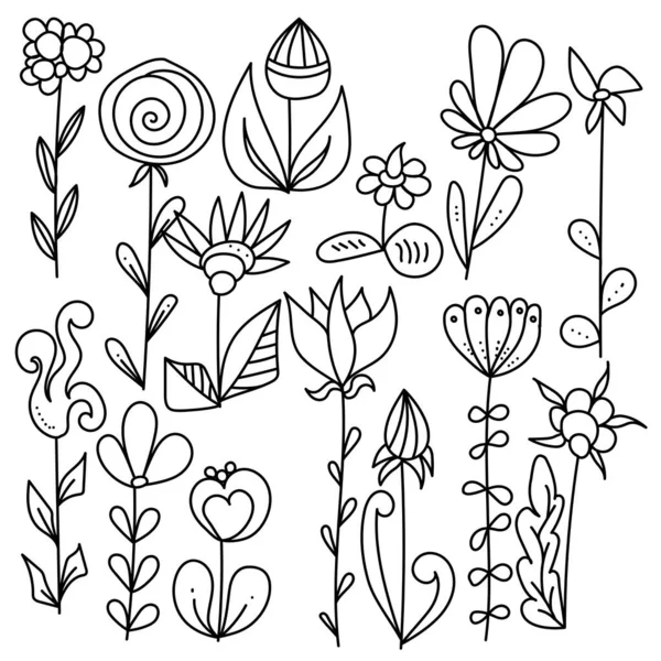 Çeşitli Şekil Boyutlarda Basit Çizgiler Noktalarla Süslü Karalama Çiçekleri Tasarım — Stok Vektör