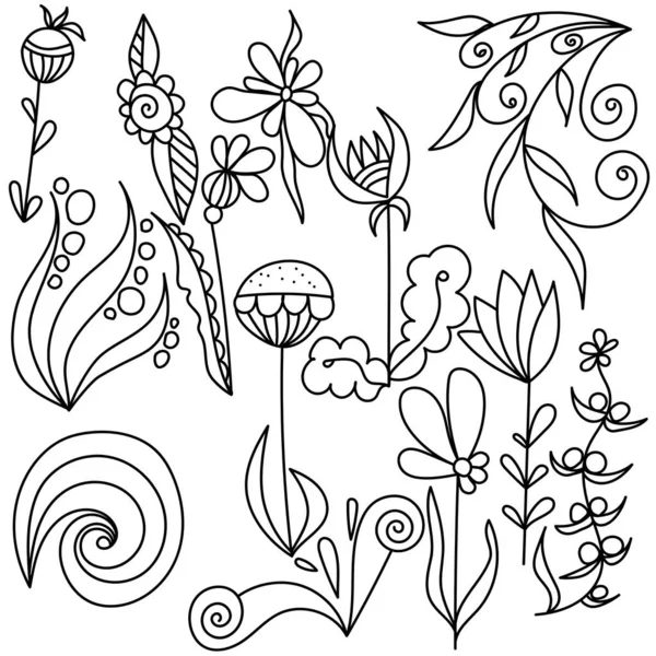 Ensemble Boucles Doodle Brindilles Fleurs Pour Créer Des Motifs Décoratifs — Image vectorielle