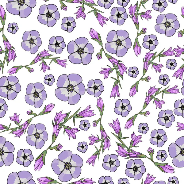 无缝隙图案 紫色花 有两种类型 单花和小枝 用于设计和创意的矢量插图 — 图库矢量图片