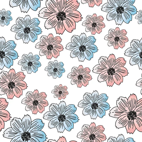 粉色和蓝色宇宙花朵的无缝图案 白色背景图案的精致花朵 设计和创意的矢量插图 — 图库矢量图片