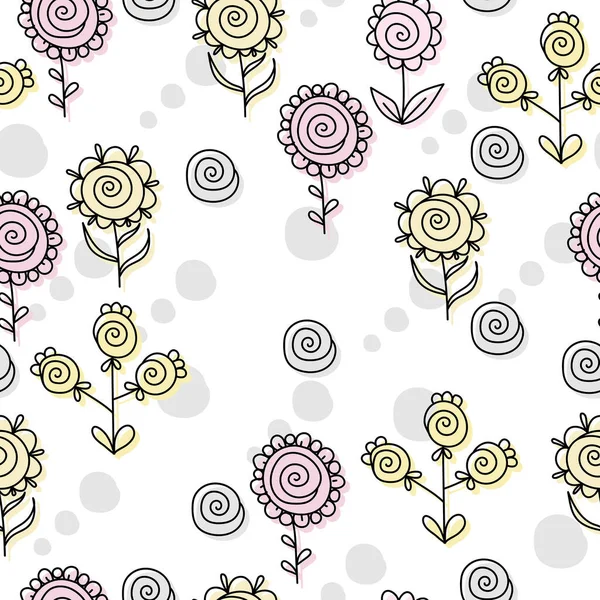 带螺旋形花冠的无缝隙图案 白色背景上有植物和扭曲元素的圆形灰色斑点 设计和创意的矢量图解 — 图库矢量图片