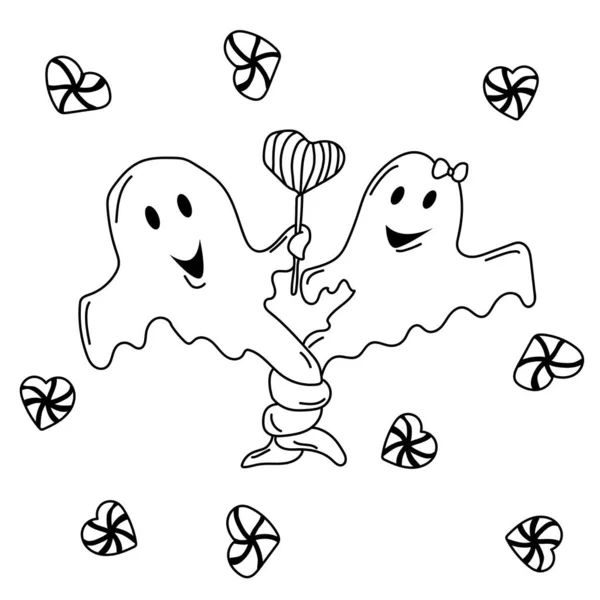 Ein Paar Glückliche Halloween Geister Verliebte Horrorgeschichten Und Gestreifte Bonbons — Stockvektor