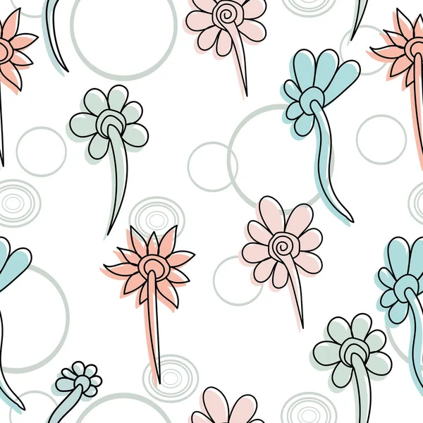 白色背景的无缝隙图案 点缀的雏菊和圆形灰色形状 色彩艳丽的花卉元素 设计和创意的矢量插图 — 图库矢量图片