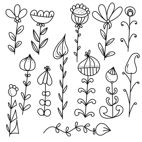 Plantas Doodle Con Hojas Simétricas Asimétricas Varias Formas Flores Estampadas — Archivo Imágenes Vectoriales