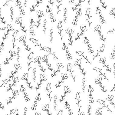 Sevimli karalama çiçekleri pürüzsüz desen, beyaz arka planda siyah bitki elementleri, süslü yapraklı narin çiçek, tasarım için taslak vektör çizimi