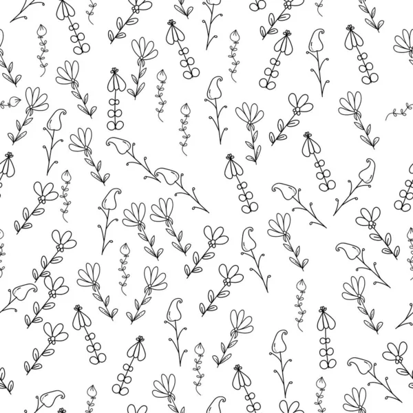 Mignon Motif Sans Couture Fleurs Doodle Éléments Végétaux Noir Sur — Image vectorielle