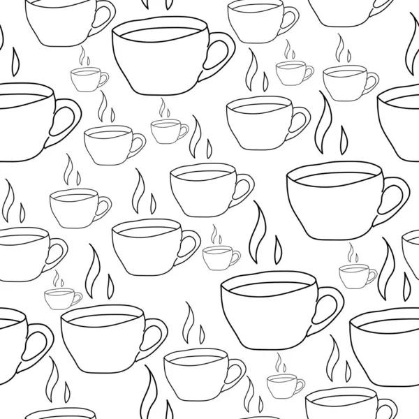 Безшовний Візерунок Контурним Малюнком Чашок Гарячим Напоєм Ароматний Гарячий Напій — стоковий вектор