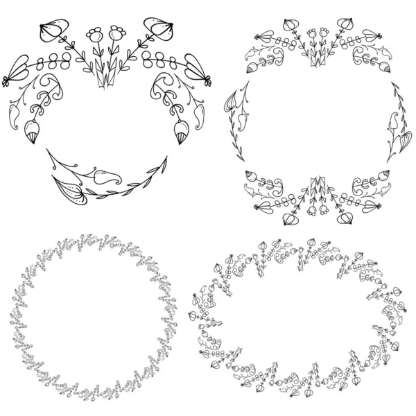 Zestaw Czterech Okrągłych Papierków Kwiatami Bazgrołów Motywów Kwiatowych Zaproszenia Kartki — Wektor stockowy