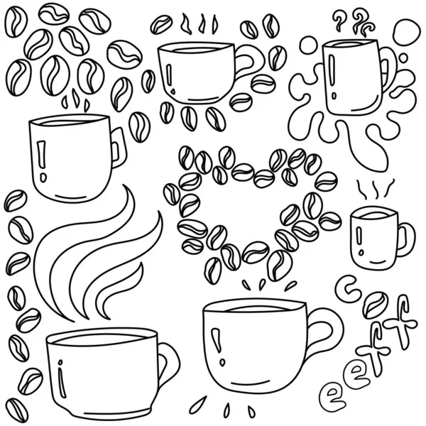 Coffret Café Doodle Tasses Boisson Chaude Grains Café Lettrage Éléments — Image vectorielle